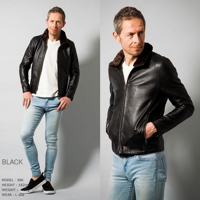 LIUGOO 本革 襟ボアハイネックシングルジャケット メンズ リューグー