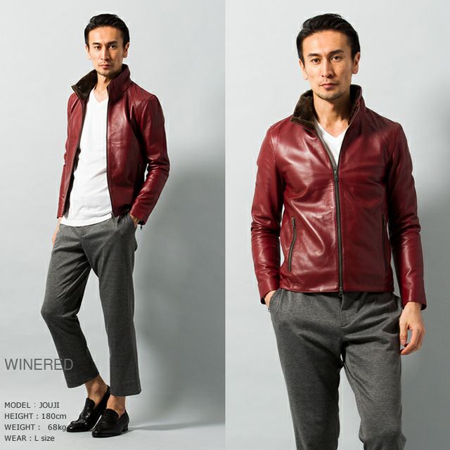 LIUGOO 本革 襟ボアハイネックシングルジャケット メンズ リューグー