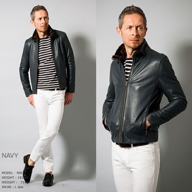 LIUGOO 本革 襟ボアハイネックシングルジャケット メンズ リューグー