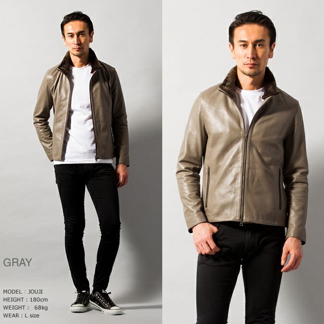 LIUGOO 本革 襟ボアハイネックシングルジャケット メンズ リューグー