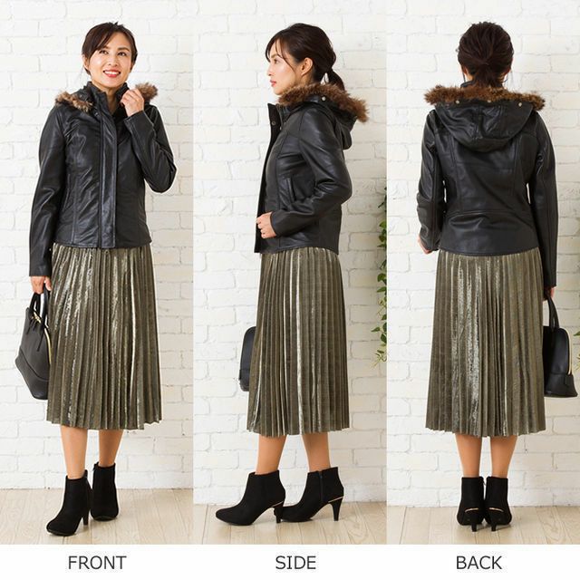 LIUGOO 本革 フード付ハイネックシングルジャケット レディース