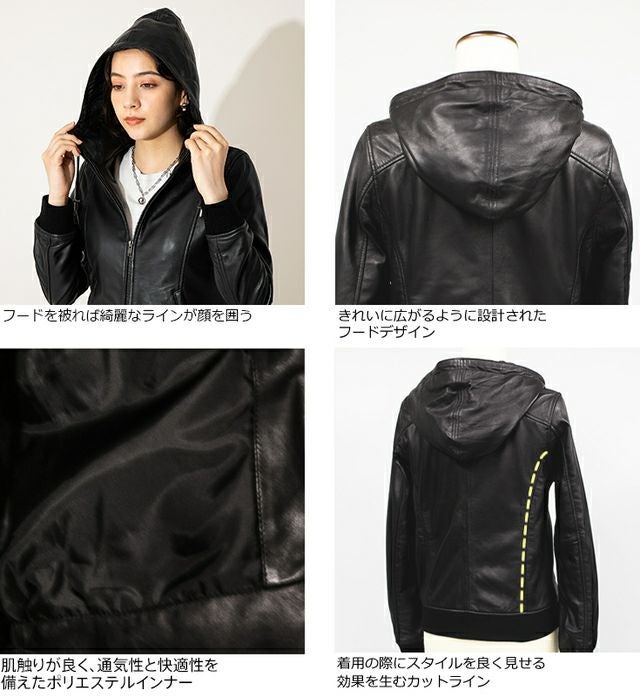 Grand Table レディース 革ジャン パーカー LIUGOO 本革 レザーハイネックパーカー レディース リューグー PRK01LB
