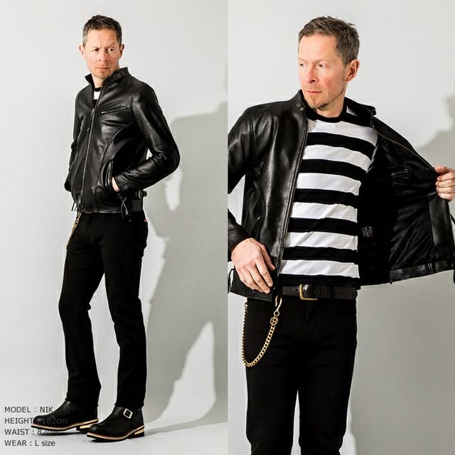 Lugger Leather ブラックレザーシングルライダース Liugoo Leathers 本革 メッシュレザー シングルライダースジャケット