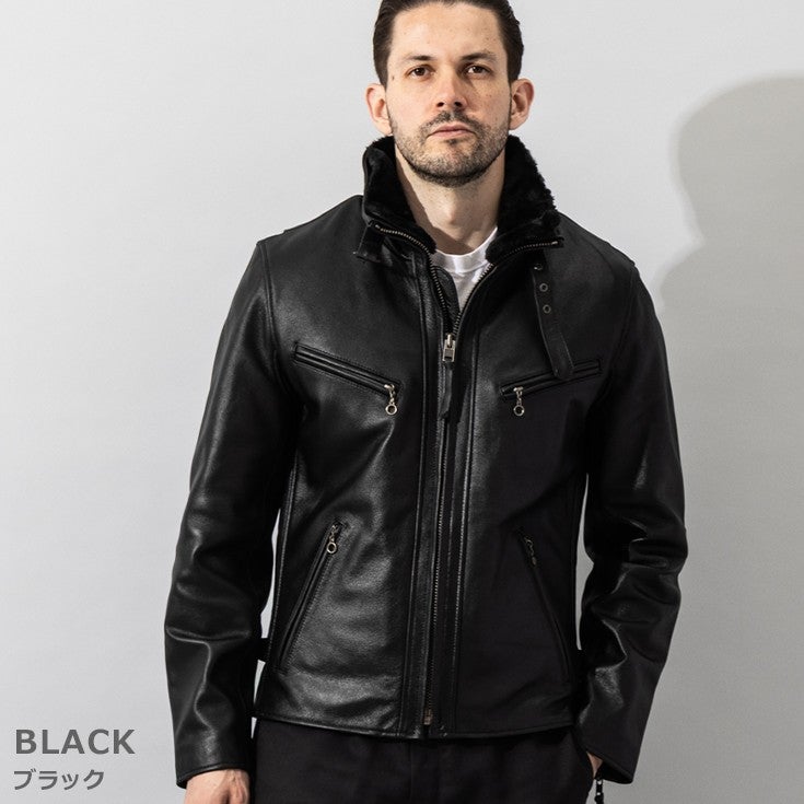 Liugoo Leathers 本革 襟ボアハイネックシングルライダースジャケット