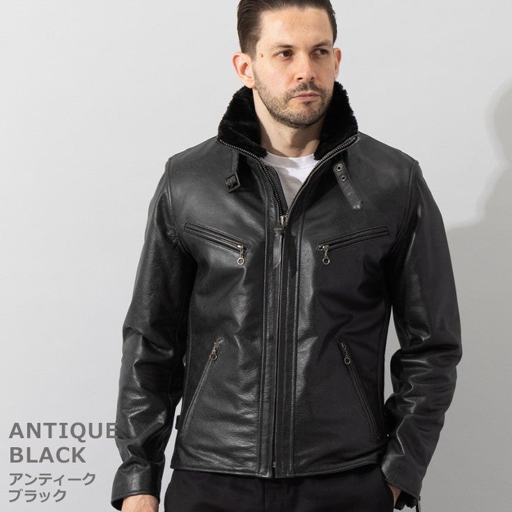 Liugoo Leathers 本革 襟ボアハイネックシングルライダースジャケット