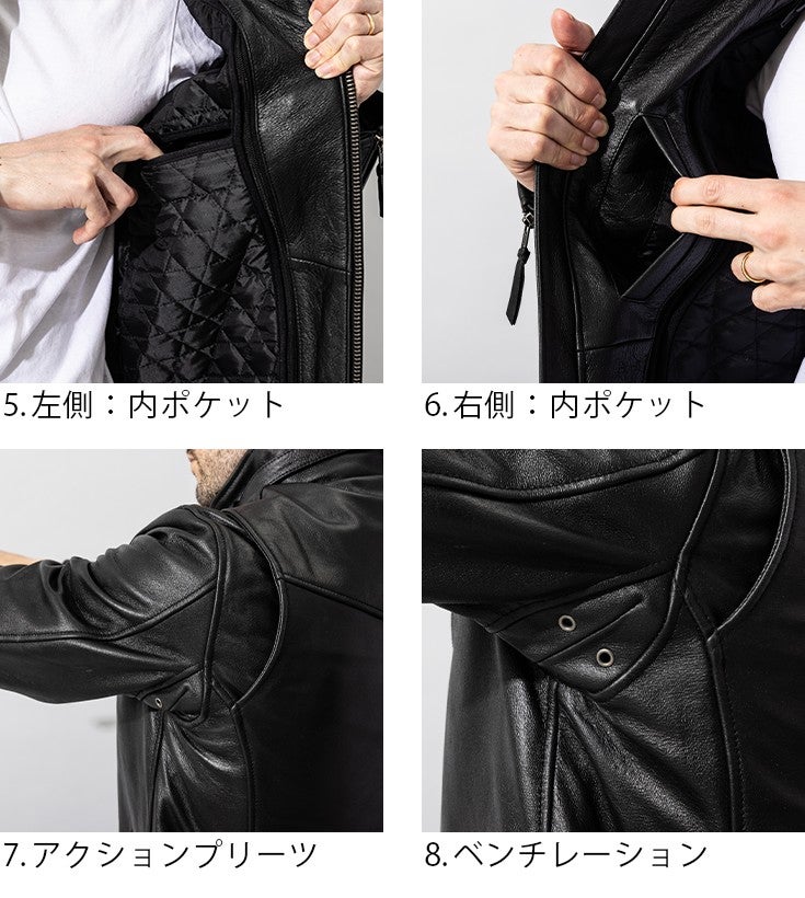 Liugoo Leathers 本革 襟ボアハイネックシングルライダースジャケット