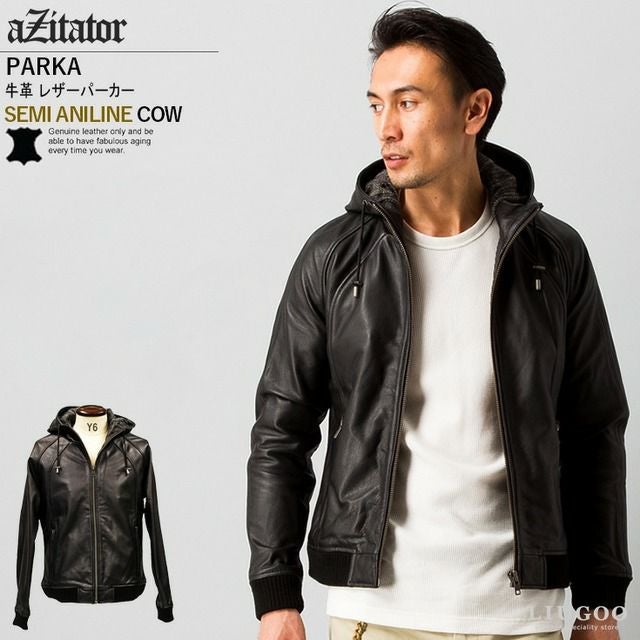 aZitator 本革 水染めレザーハイネックパーカー メンズ アジテーター