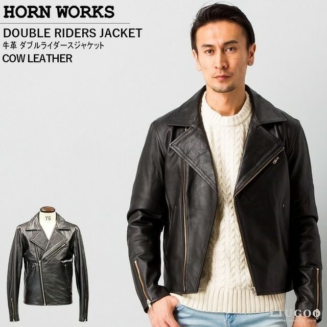 HORN WORKS ブラック ライダース　ジャケット ダブル Horn Works 本革 ダブルライダースジャケット メンズ ホーンワークス