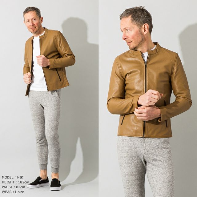 LIUGOO 本革 メッシュレザー シングルライダースジャケット メンズ