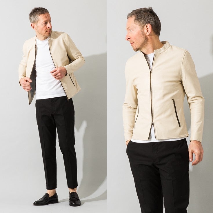 LIUGOO 本革 メッシュレザー シングルライダースジャケット メンズ 