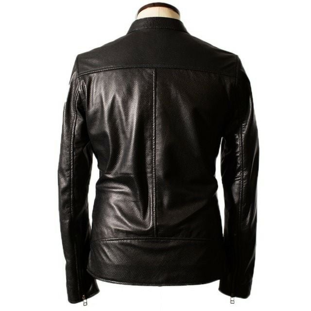LIUGOO 本革 メッシュレザー シングルライダースジャケット メンズ