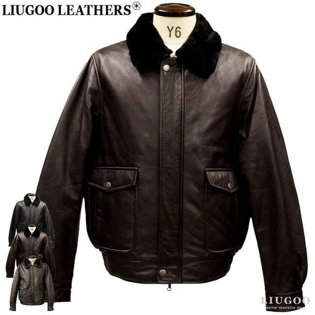 LIUGOO 本革 襟ボアレザーブルゾン ボンバージャケット メンズ