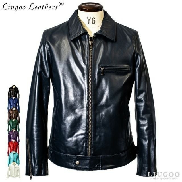 Liugoo Leathers 本革 UK襟付きシングルライダースジャケット メンズ