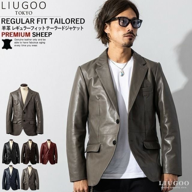 LIUGOO 本革 レギュラーフィットレザーテーラードジャケット メンズ
