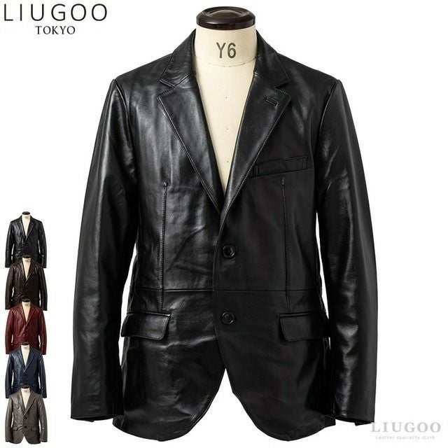 LIUGOO 本革 レギュラーフィットレザーテーラードジャケット メンズ