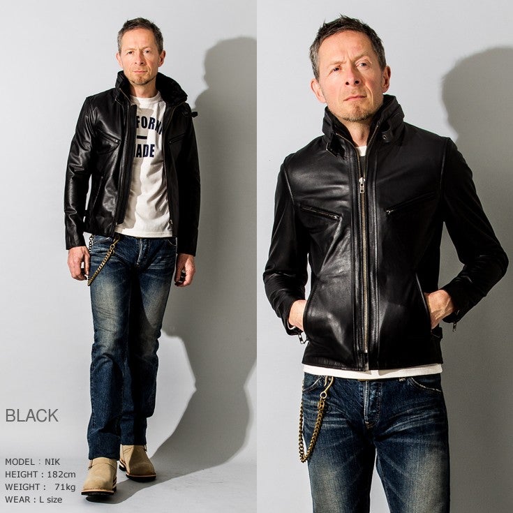 Liugoo Leathers 本革 襟ボアハイネックシングルライダースジャケット 