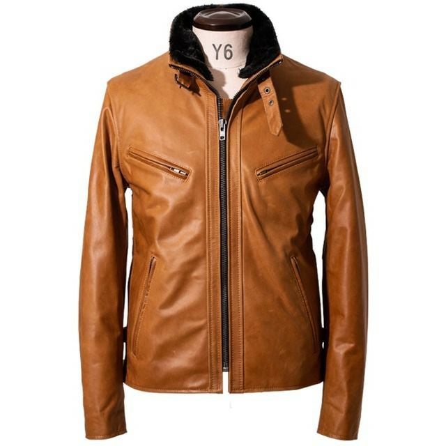 Liugoo Leathers 本革 襟ボアハイネックシングルライダースジャケット