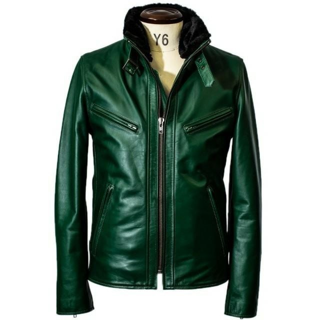 Liugoo Leathers 本革 襟ボアハイネックシングルライダースジャケット