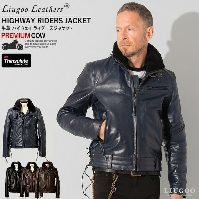 Liugoo Leathers 襟ボアハイネックシングルライダースジャケット Liugoo Leathers 本革 襟ボアハイネックシングルライダースジャケット