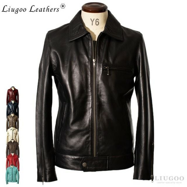 Liugoo Leathers 本革 UK襟付きシングルライダースジャケット メンズ