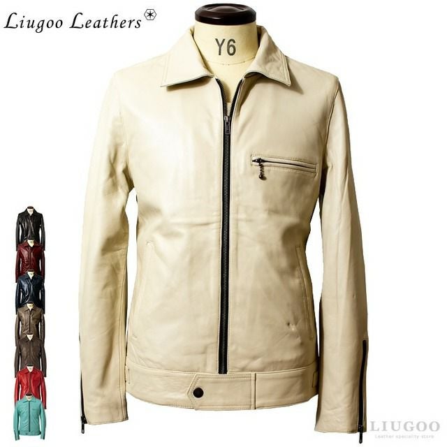 Liugoo Leathers 本革 UK襟付きシングルライダースジャケット メンズ
