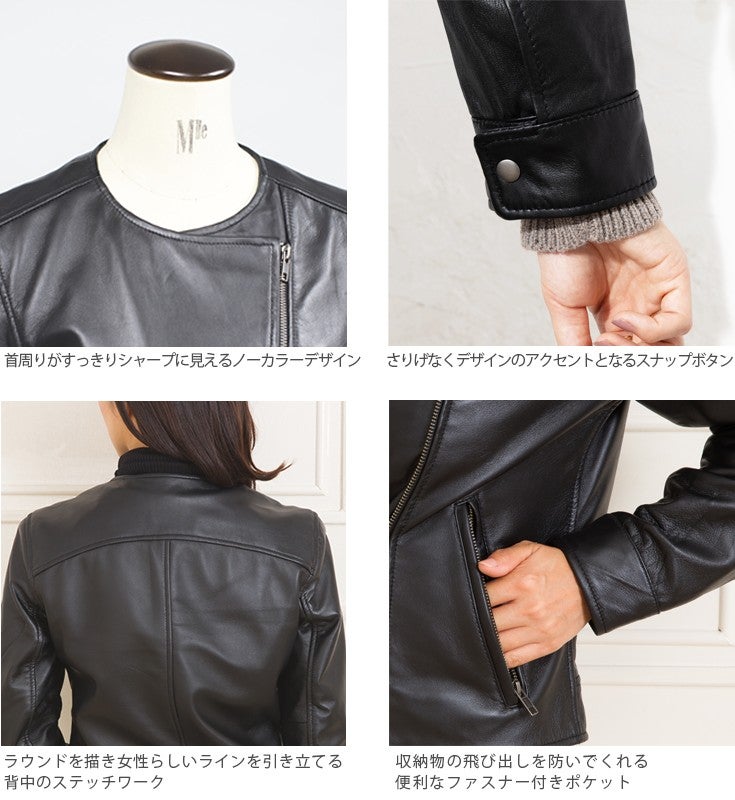 LIUGOO 本革 ノーカラーダブルライダースジャケット レディース 