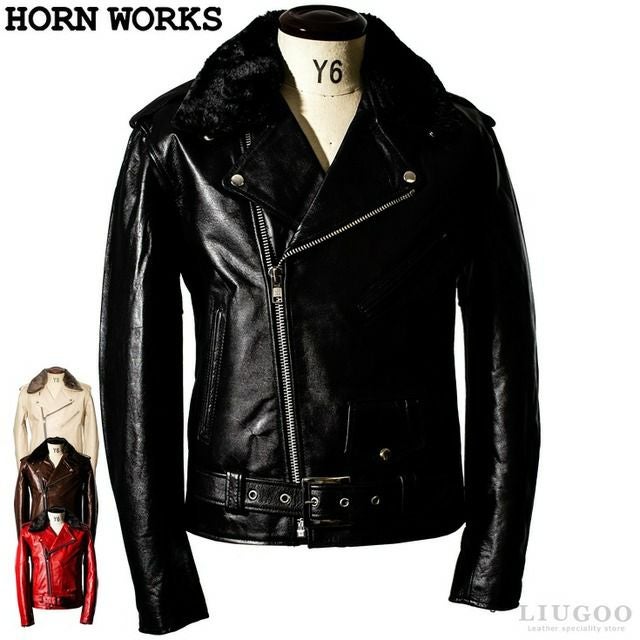本革 ボア襟 レザージャケット 中綿 短丈 M ヴィンテージ Horn Works 本革 襟ボアダブルライダースジャケット メンズ ホーン