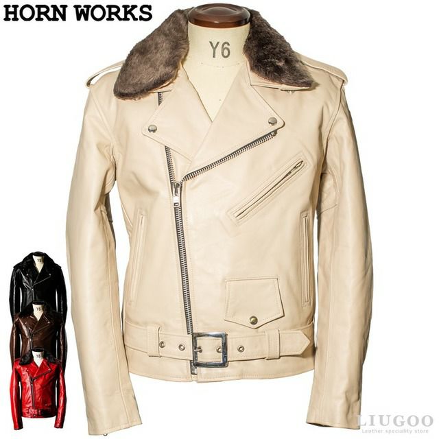 HORN WORKS ダブルライダース レザージャケット 本革 レア 白 M Horn Works 本革 UKダブルライダースジャケット メンズ ホーンワークス
