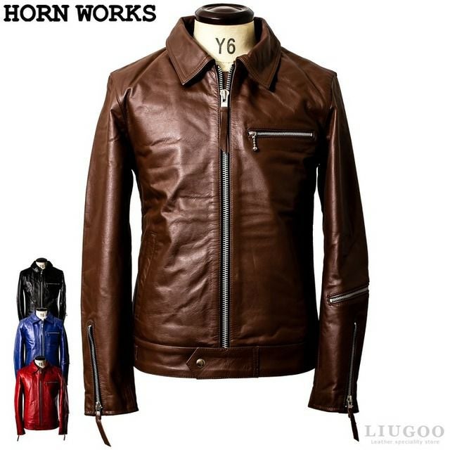 Horn Works 本革 UK襟付きシングルライダースジャケット メンズ ホーン