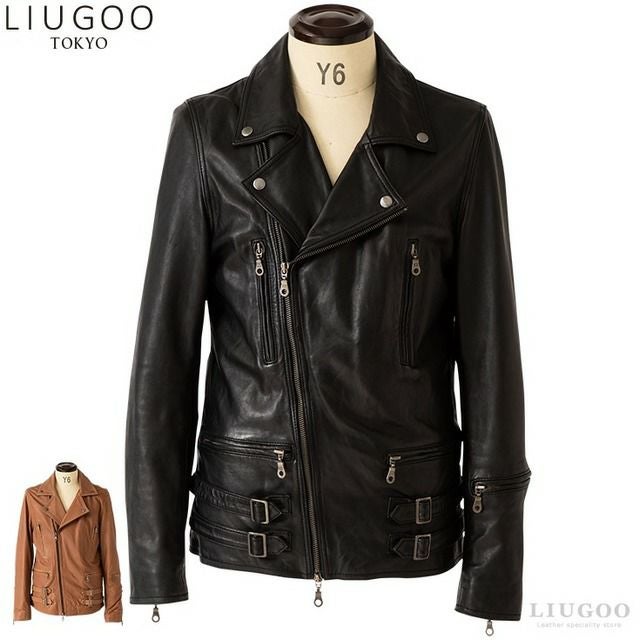 LIUGOO 本革 製品染めダブルライダースジャケット メンズ リューグー