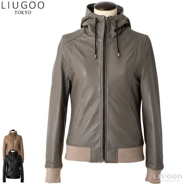 Urban Research フード付き レザージャケット レザーパーカー 40 LIUGOO 本革 レザーハイネックパーカー レディース リューグー PRK01LB