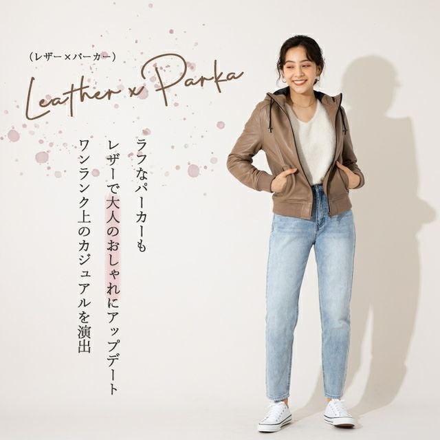 LIUGOO 本革 レザーハイネックパーカー レディース リューグー PRK01LB