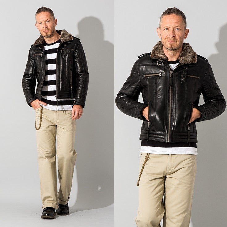 Liugoo Leathers 本革 ウィングネック ダウンライダース メンズ 
