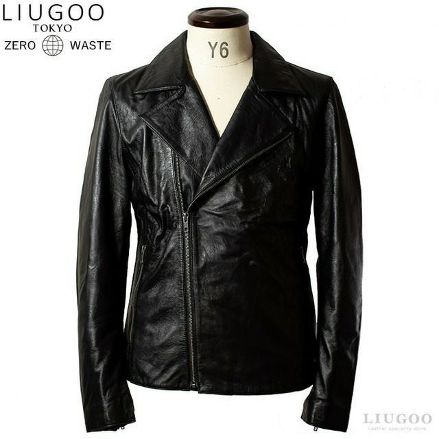 LIUGOO ZERO WASTE 本革 ダブルライダースジャケット メンズ