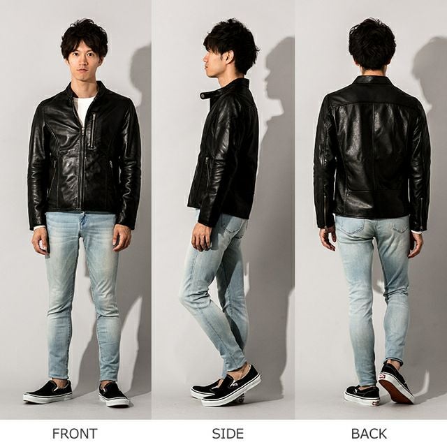 LIUGOO ZERO WASTE 本革 シングルライダースジャケット メンズ