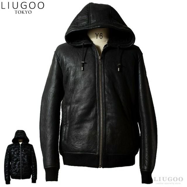 Liugoo tokyoラムレザージャケット　パーカー LIUGOO 本革 ムートンパーカー メンズ リューグー PRK07A 革ジャン