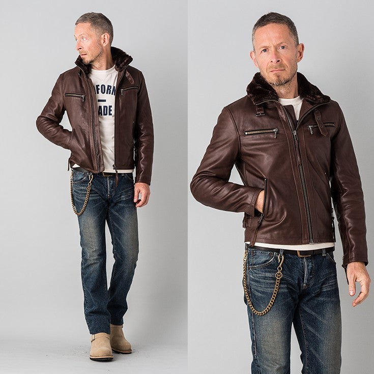 Liugoo Leathers 本革 ウィングネックシングルライダースジャケット 