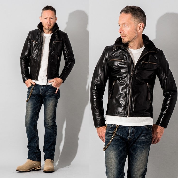 Liugoo Leathers 本革 ウィングネックシングルライダースジャケット 