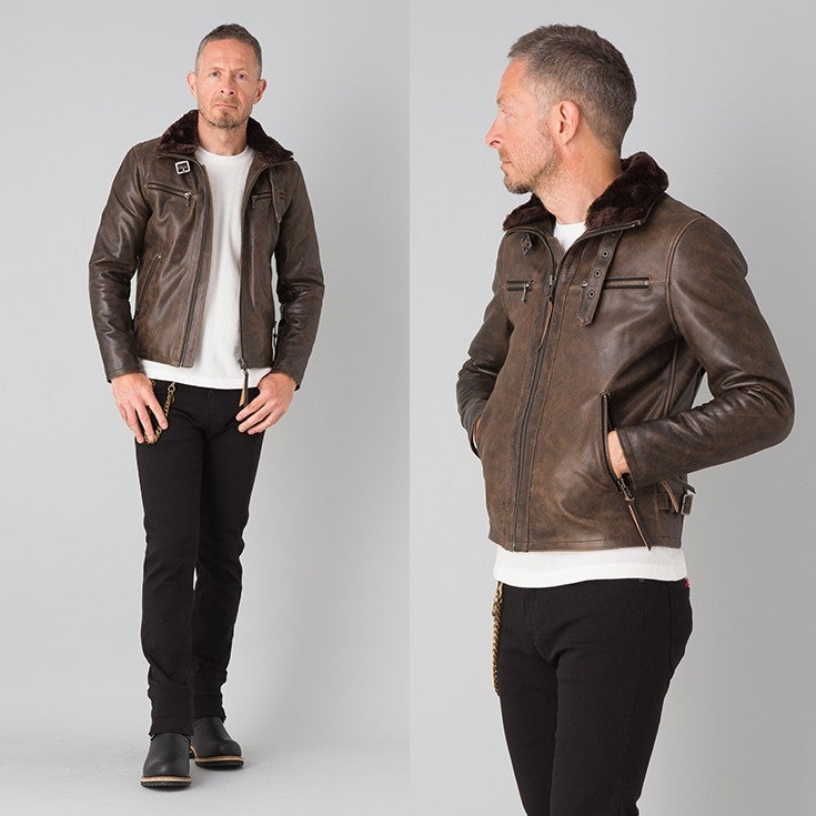 Liugoo Leathers 本革 ウィングネックシングルライダースジャケット
