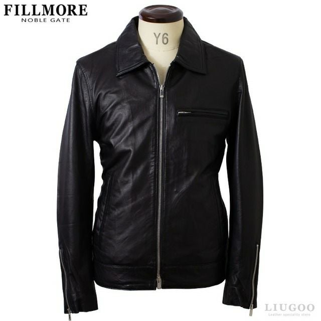 FILLMORE ブラック レザーシングルライダースジャケット ラムレザー FILLMORE 本革 ディアスキンシングルライダースジャケット メンズ