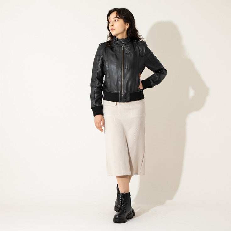 LIUGOO 本革 リブ ライダースジャケット レディース リューグー