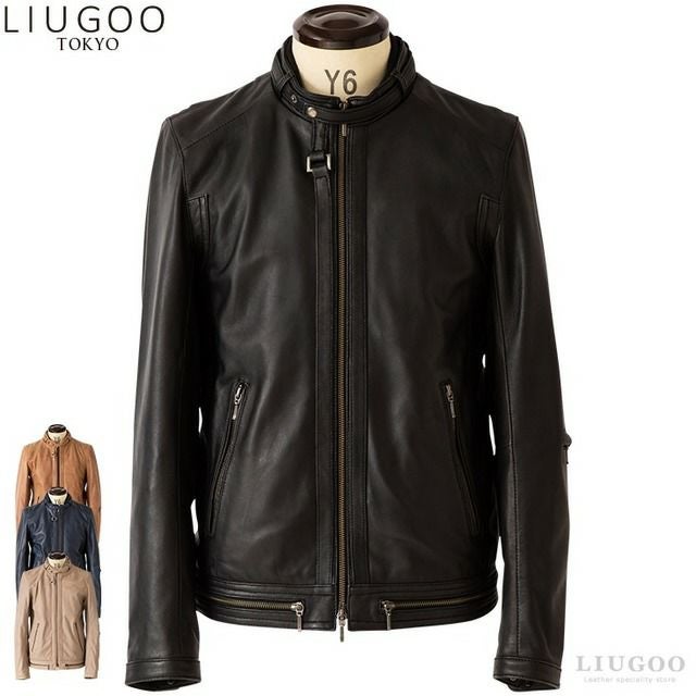LIUGOO 本革 シングルライダースジャケット メンズ リューグー SRS16A