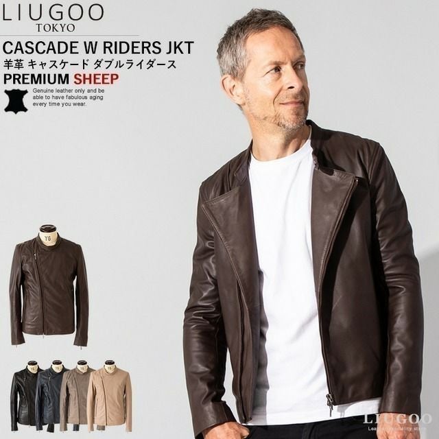 LIUGOO 本革 キャスケード ダブルライダースジャケット メンズ