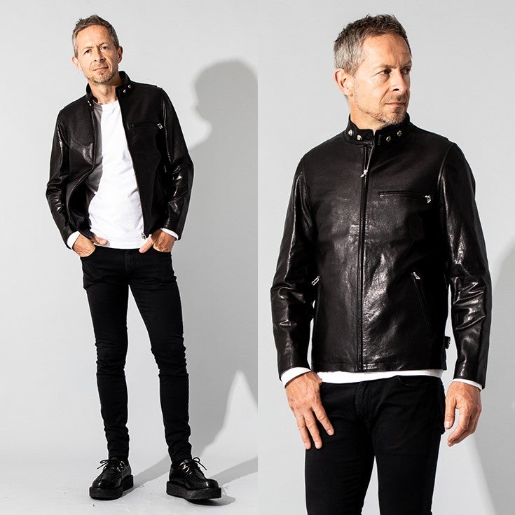 JEAN-LOUIS SCHERRER ブラックレザーシングルボタンジャケット JEAN-LOUIS SCHERRER 本革 シングルライダースジャケット メンズ