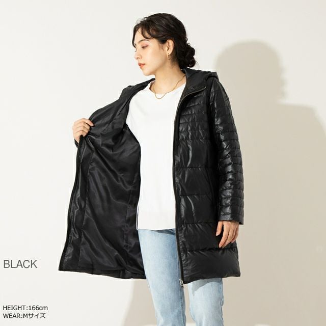 LIUGOO 本革 フード付きロングダウンジャケット レディース リューグー