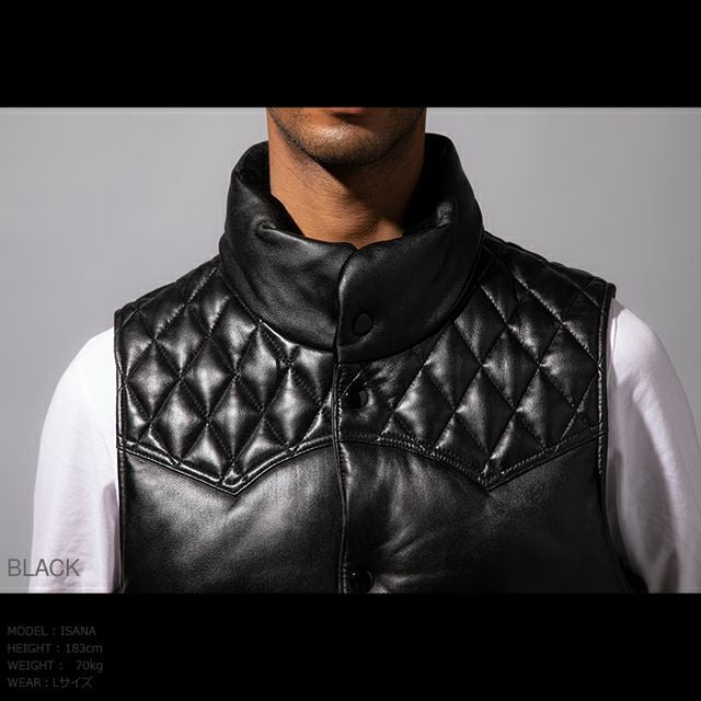 リューグーレザーズ 本革 シープレザー キルティング ダウンベスト LL Liugoo Leathers 本革 レザーダウンベスト ダイヤキルト メンズ