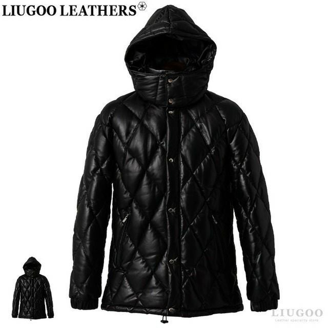 Liugoo Leathers 本革 ダイヤモンドキルト レザーダウンジャケット