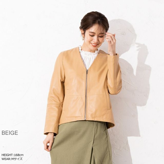 LIUGOO 本革 ノーカラーVネックシングルジャケット レディース