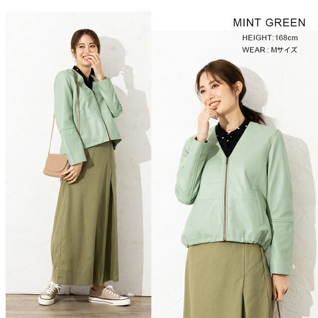 LIUGOO 本革 ノーカラーVネックシングルジャケット レディース
