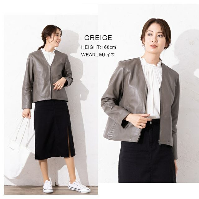 LIUGOO 本革 ノーカラーVネックシングルジャケット レディース